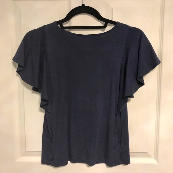 Uniqlo Ruffle Short Sleeve Blouse NAVY - Picture 3 of 4